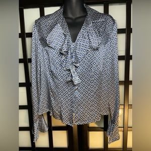 WOMEN’S ANNE KLEIN GEOMETRIC PATTERN SILK LONG SLEEVE TOP | Size 10
